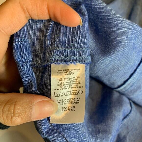 Ann Taylor Top Womens XS Chambray Linen Blend Puff Sleeve Button Front Cropped - Picture 9 of 12